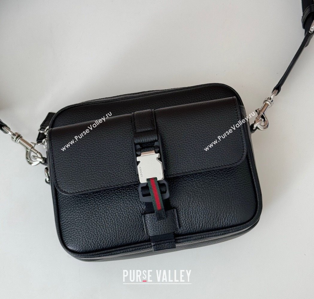 Gucci Mens Leather Small Crossbody Bag with Web Black 2025 816751 (DLH-250117054)
