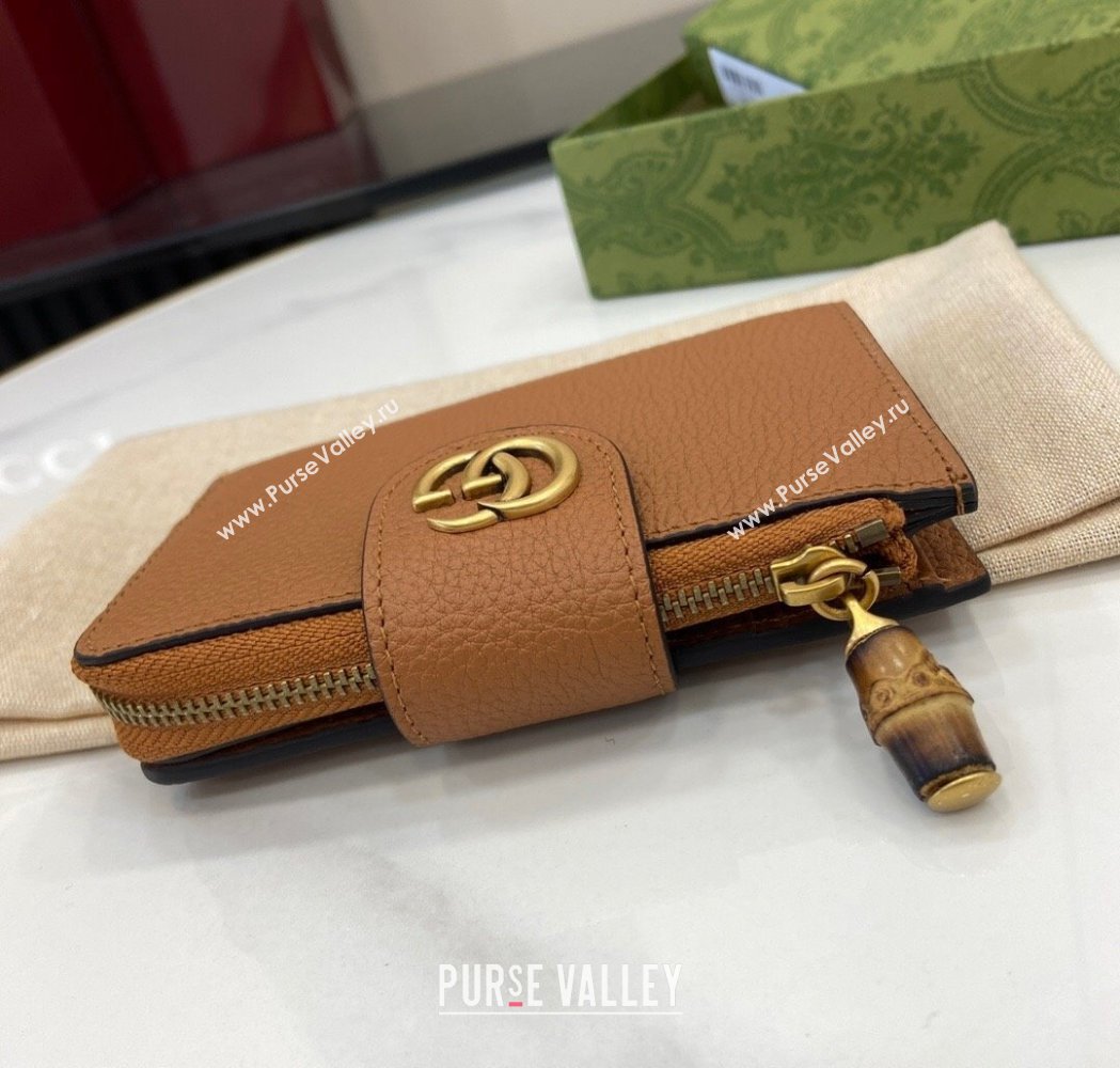 Gucci Medium Double G Wallet with Bamboo in Grained Leather Brown 2025 739498 (XLU-250117002)