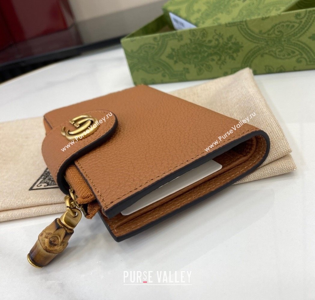 Gucci Medium Double G Wallet with Bamboo in Grained Leather Brown 2025 739498 (XLU-250117002)