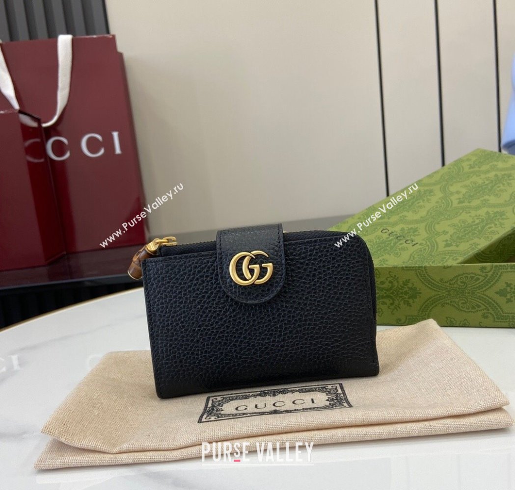 Gucci Medium Double G Wallet with Bamboo in Grained Leather Black 2025 739498 (XLU-250117003)