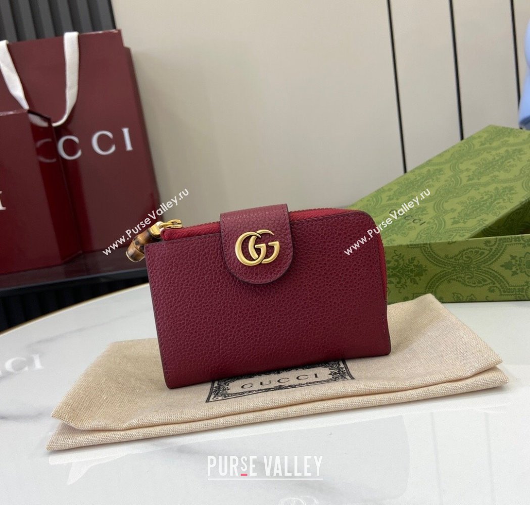 Gucci Medium Double G Wallet with Bamboo in Grained Leather Red 2025 739498 (XLU-250117001)