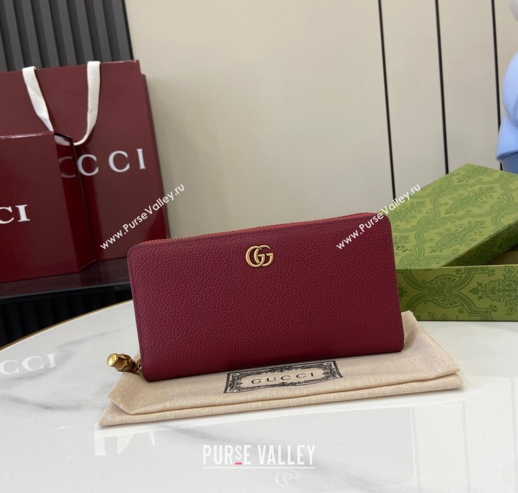 Gucci Double G Zip Around Long Wallet with Bamboo in Grained Leather Red 2025 739499 (XLU-250117004)