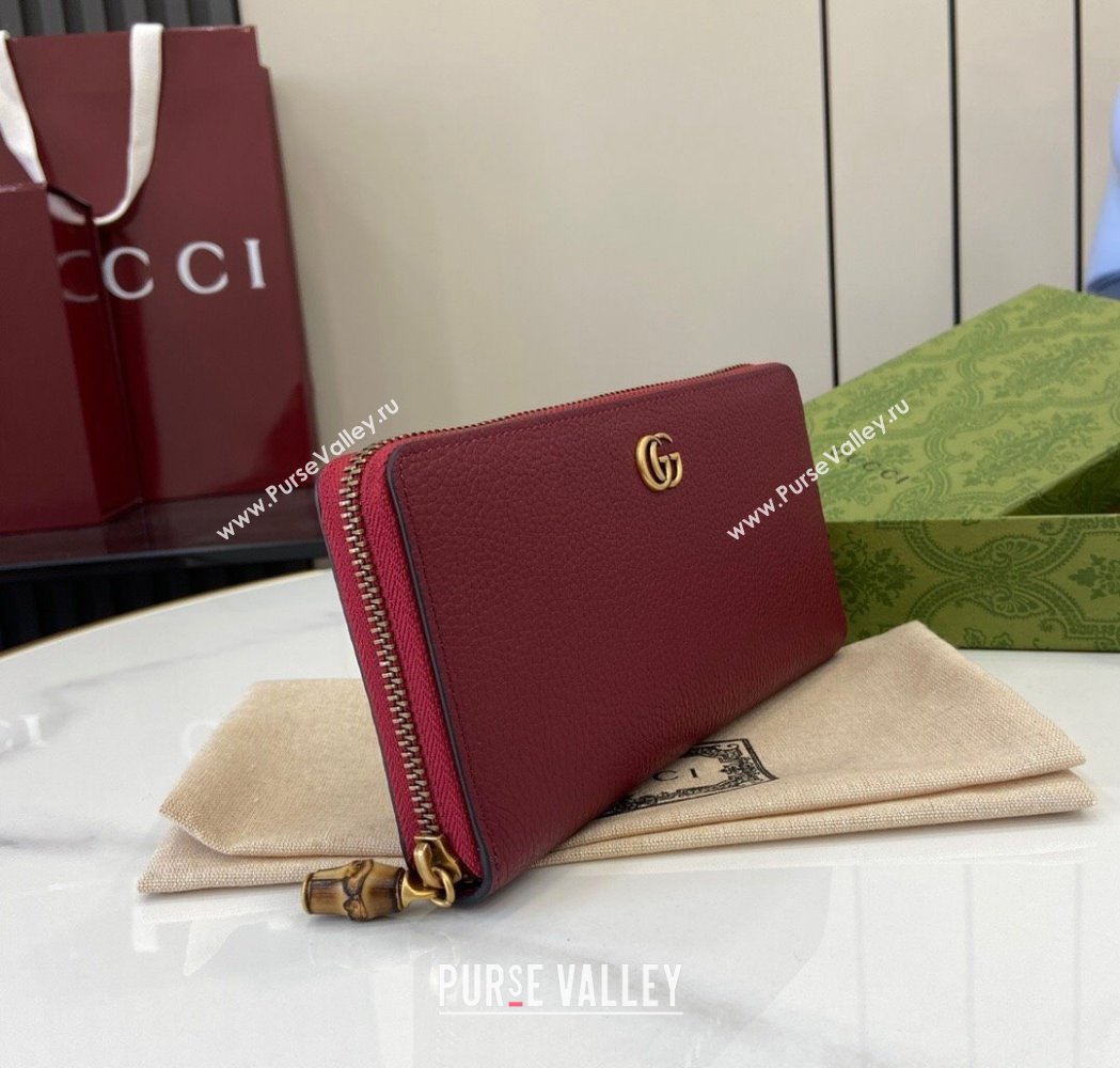 Gucci Double G Zip Around Long Wallet with Bamboo in Grained Leather Red 2025 739499 (XLU-250117004)