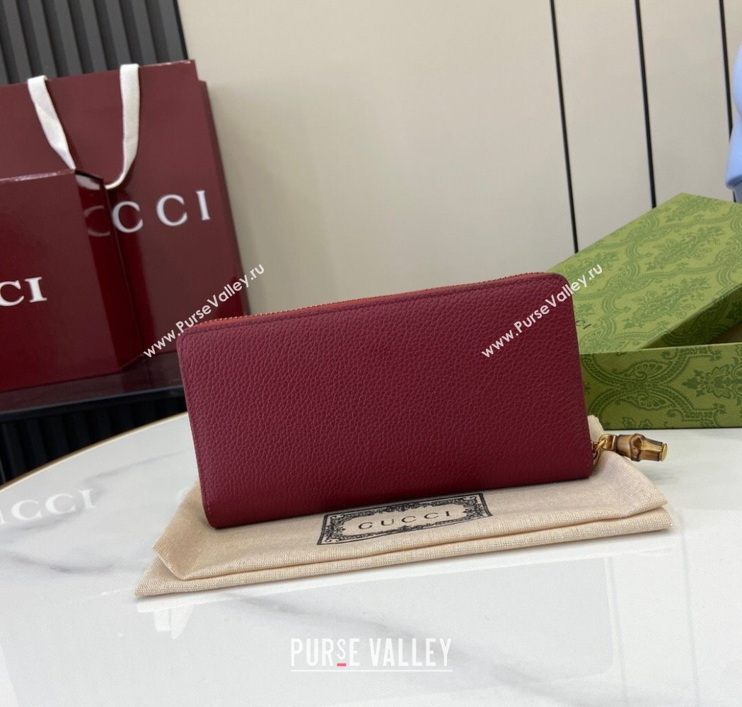 Gucci Double G Zip Around Long Wallet with Bamboo in Grained Leather Red 2025 739499 (XLU-250117004)