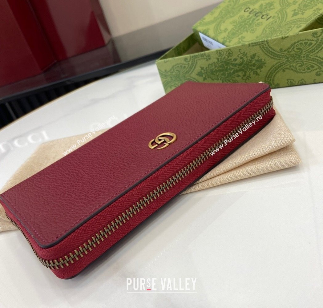 Gucci Double G Zip Around Long Wallet with Bamboo in Grained Leather Red 2025 739499 (XLU-250117004)
