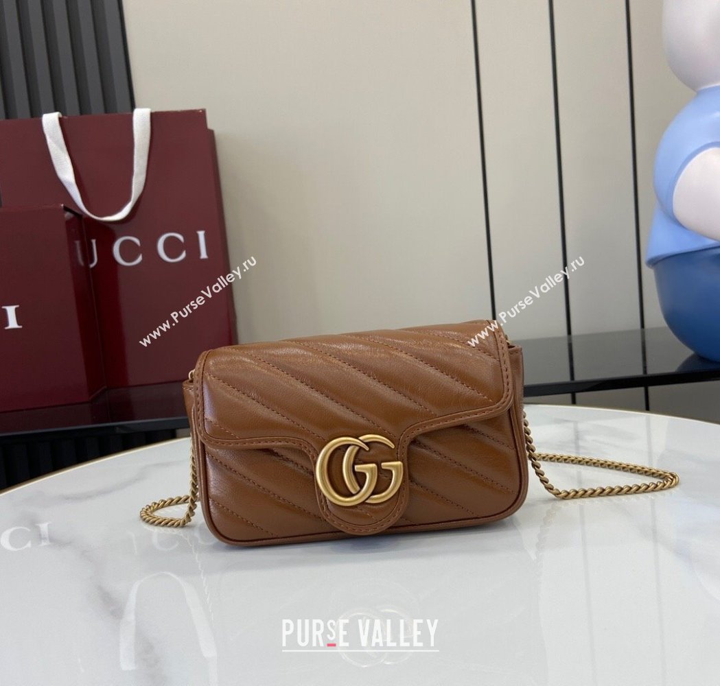 Gucci GG Marmont Diagonal Leather Super Mini Bag ‎476433 Brown 2025 (XLU-250117040)