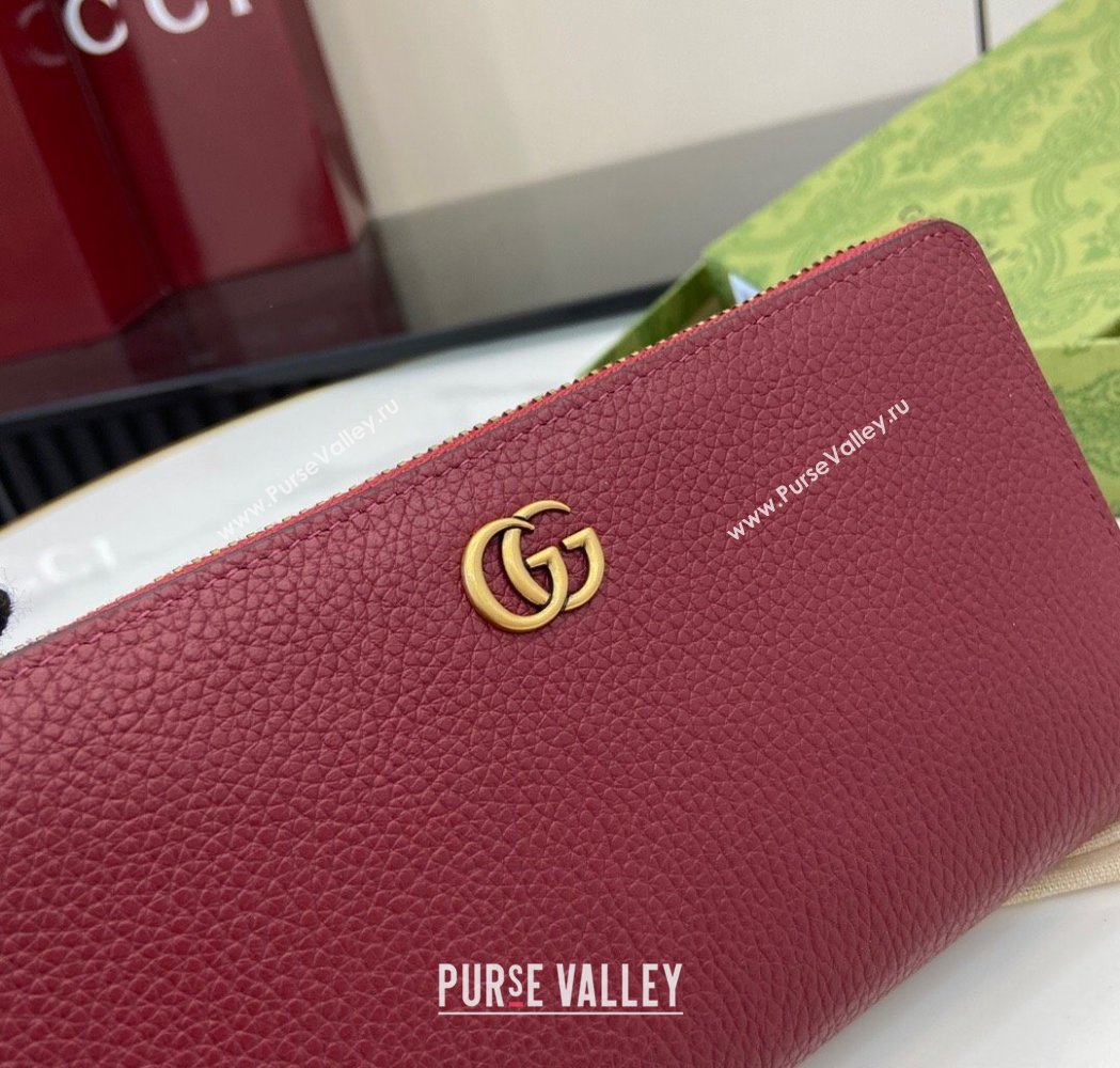 Gucci Double G Zip Around Long Wallet with Bamboo in Grained Leather Red 2025 739499 (XLU-250117004)