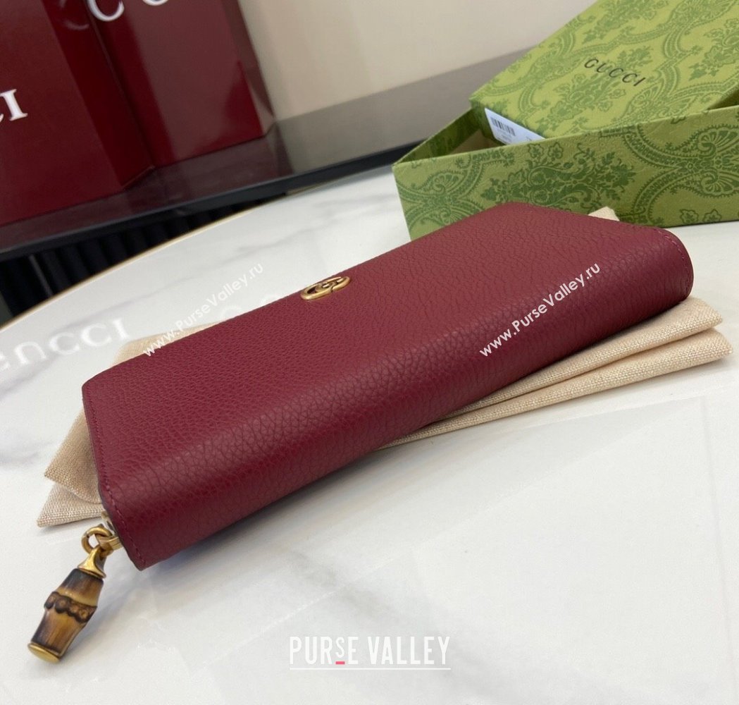 Gucci Double G Zip Around Long Wallet with Bamboo in Grained Leather Red 2025 739499 (XLU-250117004)