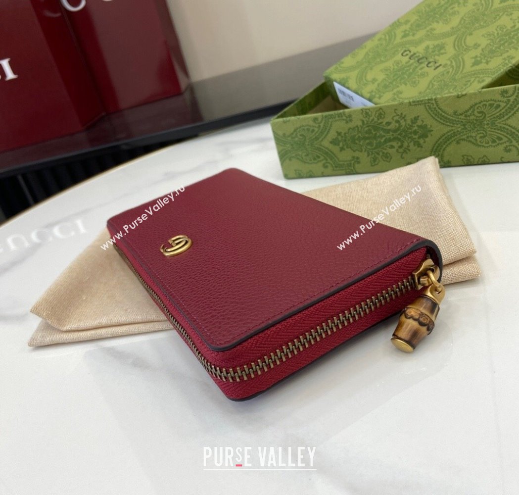Gucci Double G Zip Around Long Wallet with Bamboo in Grained Leather Red 2025 739499 (XLU-250117004)