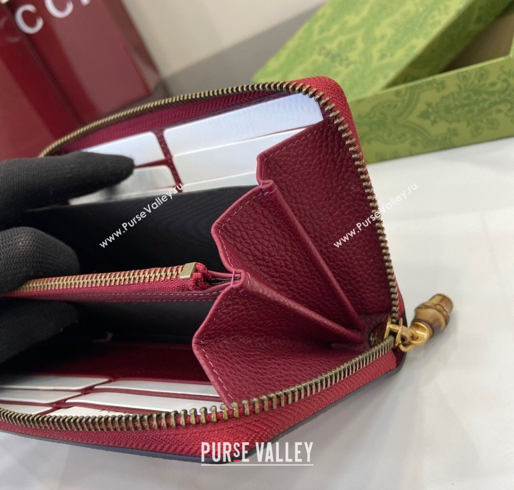 Gucci Double G Zip Around Long Wallet with Bamboo in Grained Leather Red 2025 739499 (XLU-250117004)
