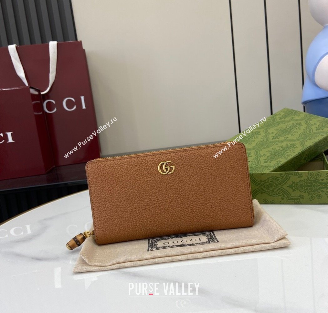 Gucci Double G Zip Around Long Wallet with Bamboo in Grained Leather Brown 2025 739499 (XLU-250117005)