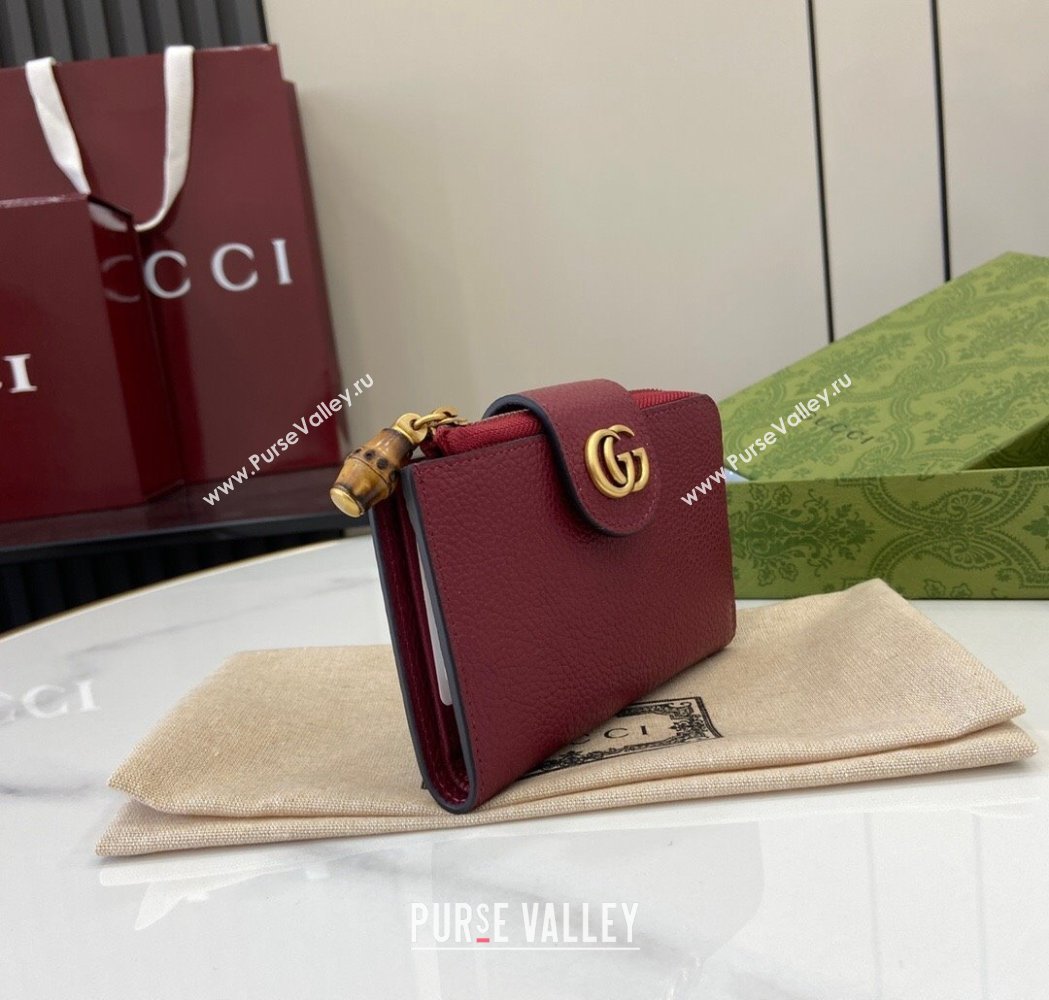 Gucci Medium Double G Wallet with Bamboo in Grained Leather Red 2025 739498 (XLU-250117001)