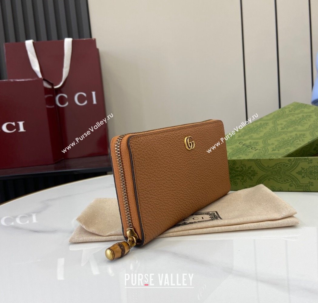 Gucci Double G Zip Around Long Wallet with Bamboo in Grained Leather Brown 2025 739499 (XLU-250117005)