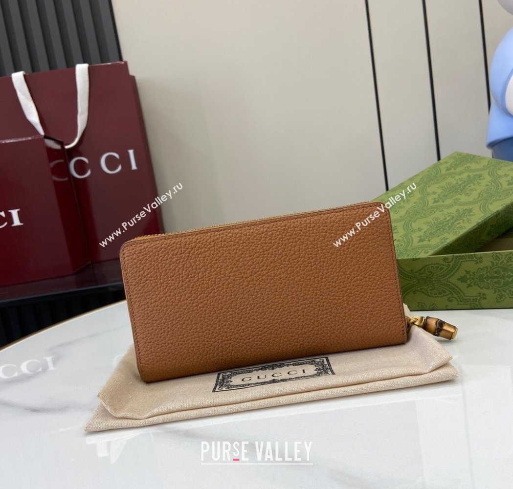 Gucci Double G Zip Around Long Wallet with Bamboo in Grained Leather Brown 2025 739499 (XLU-250117005)