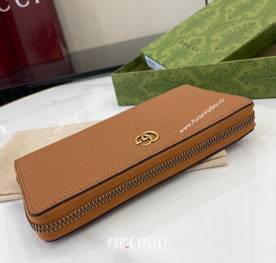 Gucci Double G Zip Around Long Wallet with Bamboo in Grained Leather Brown 2025 739499 (XLU-250117005)