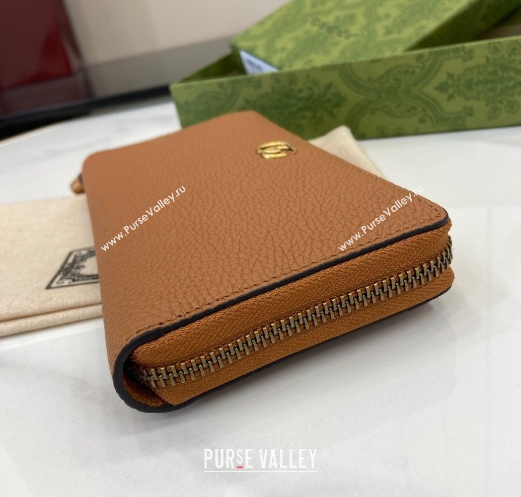 Gucci Double G Zip Around Long Wallet with Bamboo in Grained Leather Brown 2025 739499 (XLU-250117005)
