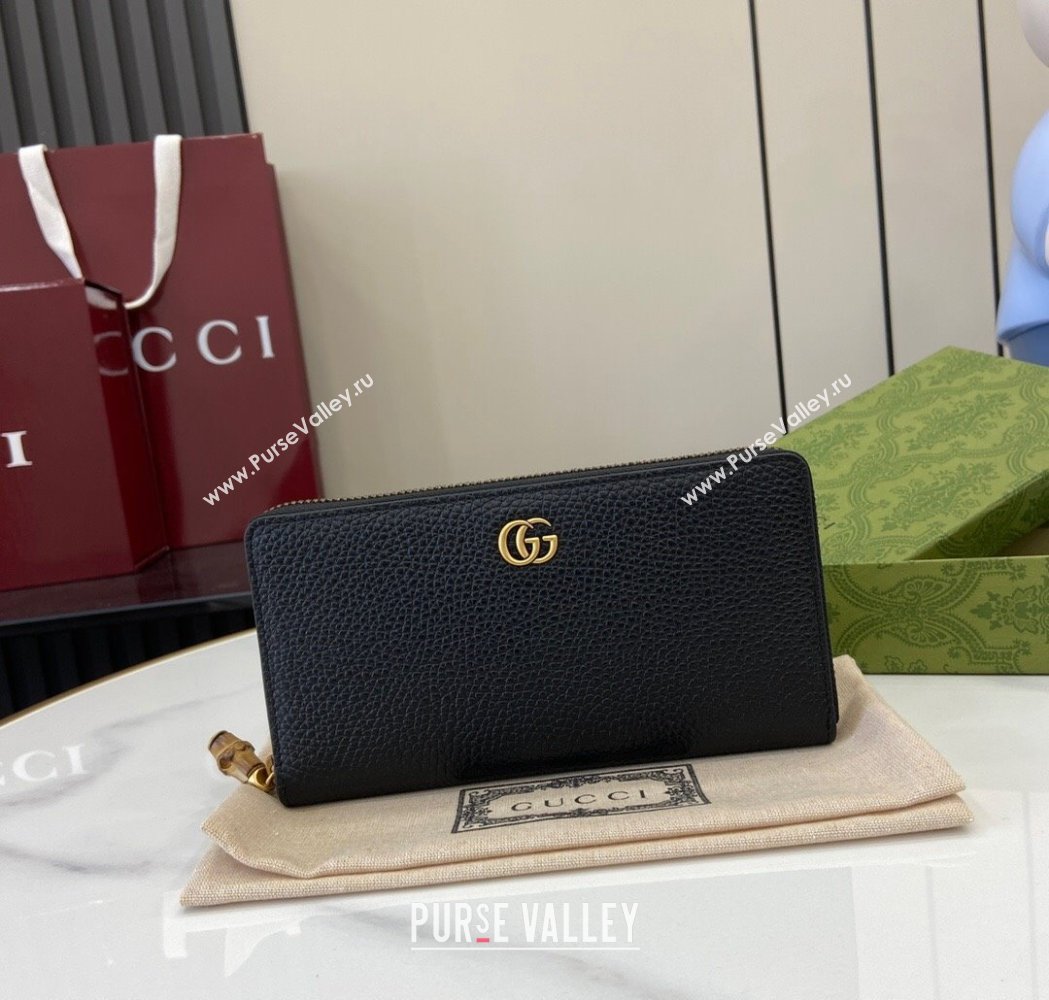Gucci Double G Zip Around Long Wallet with Bamboo in Grained Leather Black 2025 739499 (XLU-250117006)