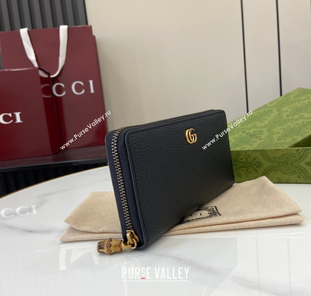 Gucci Double G Zip Around Long Wallet with Bamboo in Grained Leather Black 2025 739499 (XLU-250117006)