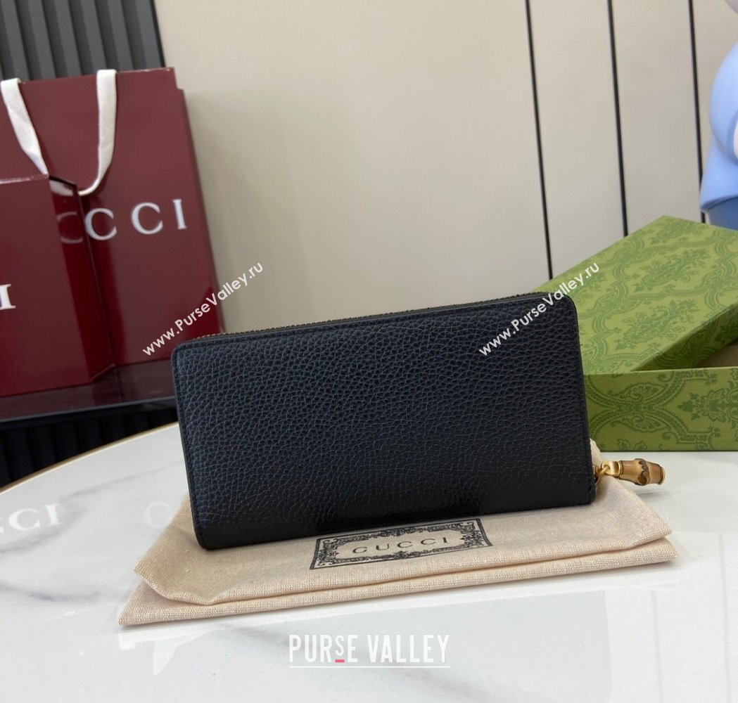 Gucci Double G Zip Around Long Wallet with Bamboo in Grained Leather Black 2025 739499 (XLU-250117006)