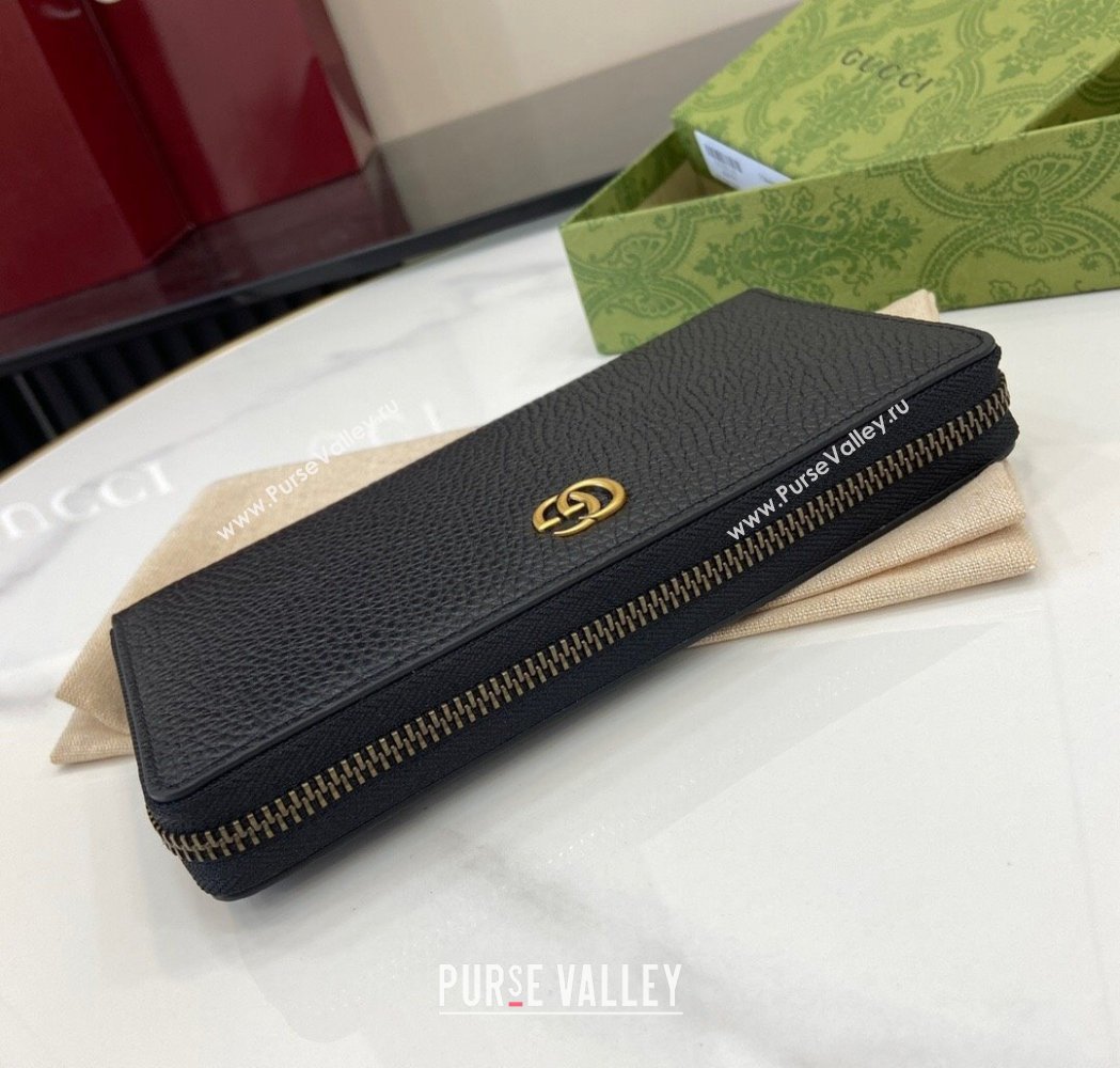 Gucci Double G Zip Around Long Wallet with Bamboo in Grained Leather Black 2025 739499 (XLU-250117006)