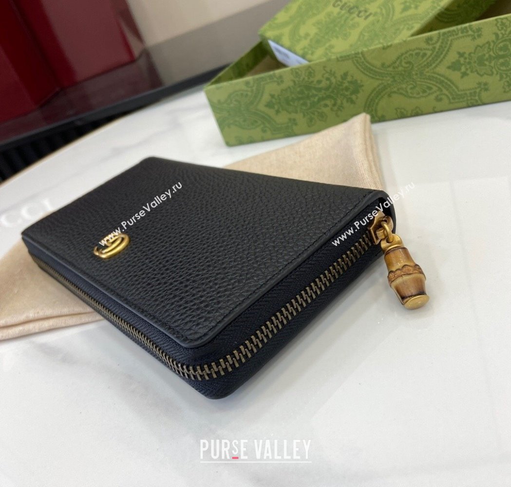 Gucci Double G Zip Around Long Wallet with Bamboo in Grained Leather Black 2025 739499 (XLU-250117006)