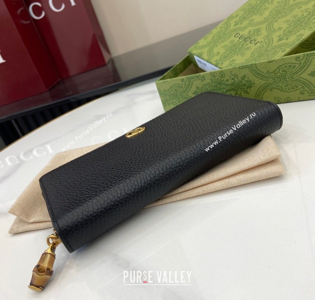 Gucci Double G Zip Around Long Wallet with Bamboo in Grained Leather Black 2025 739499 (XLU-250117006)