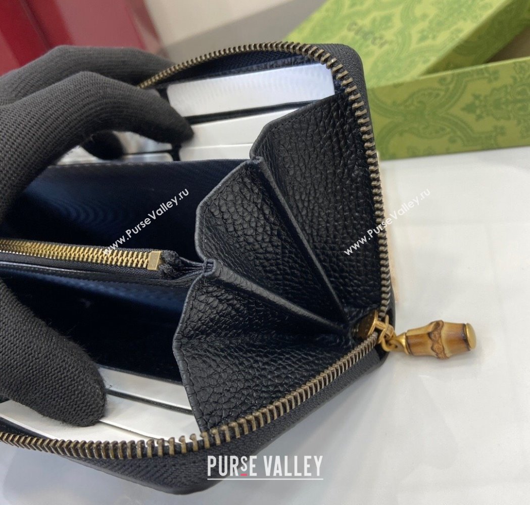 Gucci Double G Zip Around Long Wallet with Bamboo in Grained Leather Black 2025 739499 (XLU-250117006)
