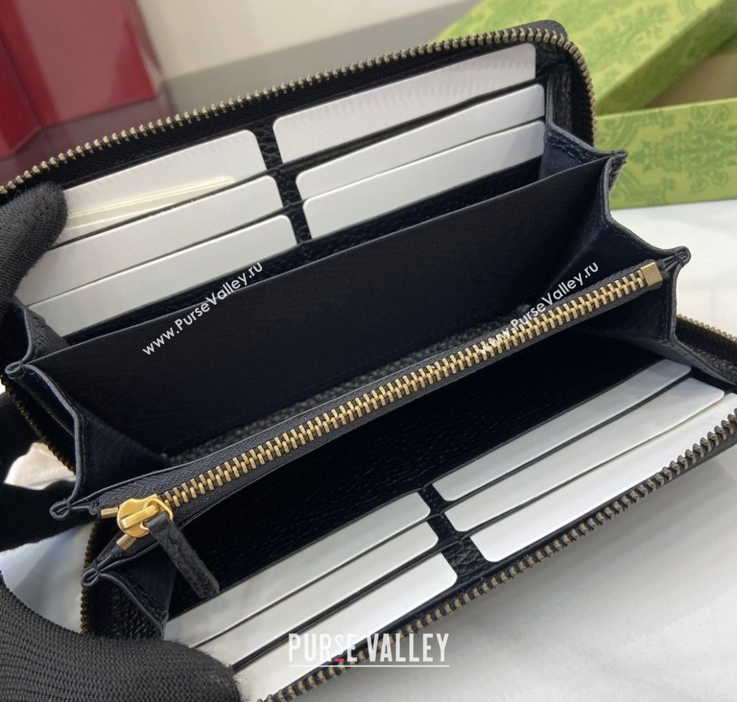 Gucci Double G Zip Around Long Wallet with Bamboo in Grained Leather Black 2025 739499 (XLU-250117006)