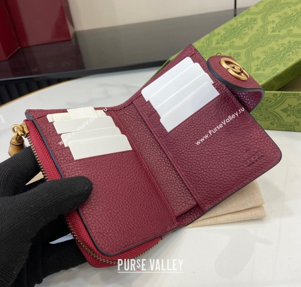 Gucci Medium Double G Wallet with Bamboo in Grained Leather Red 2025 739498 (XLU-250117001)