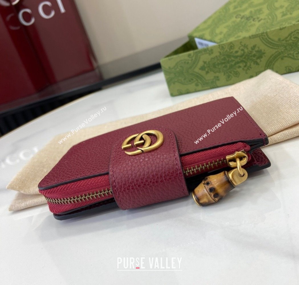 Gucci Medium Double G Wallet with Bamboo in Grained Leather Red 2025 739498 (XLU-250117001)