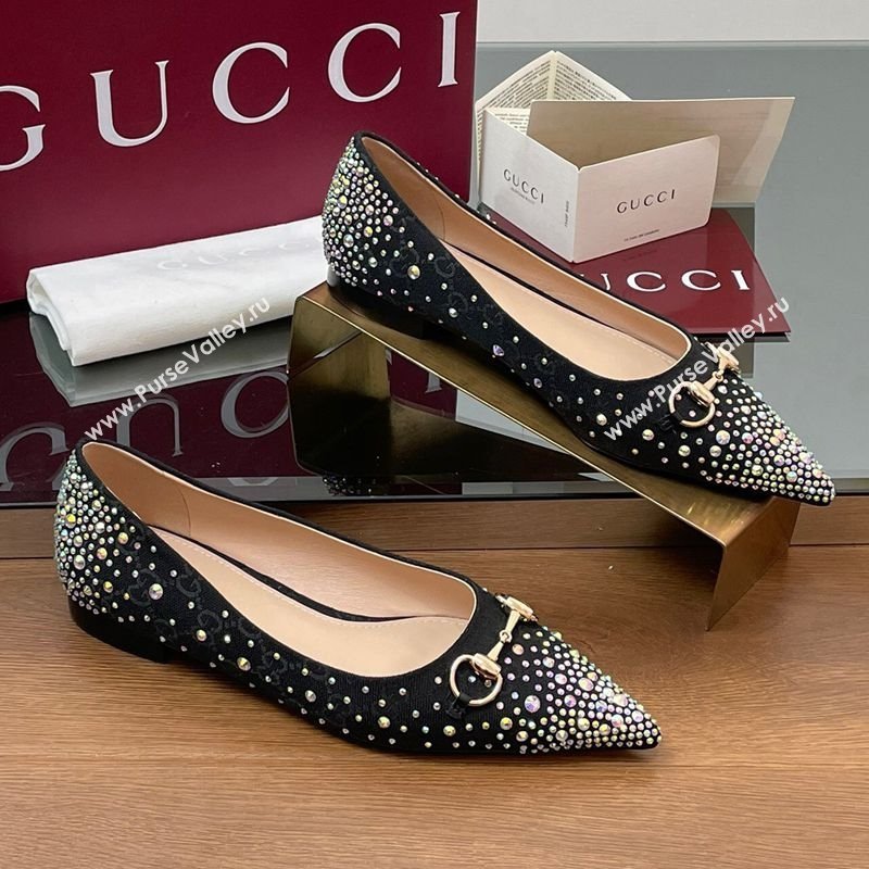 Gucci Horsebit Ballets Flats in GG Canvas with Strass Black 2025 812176 (MD-250228038)