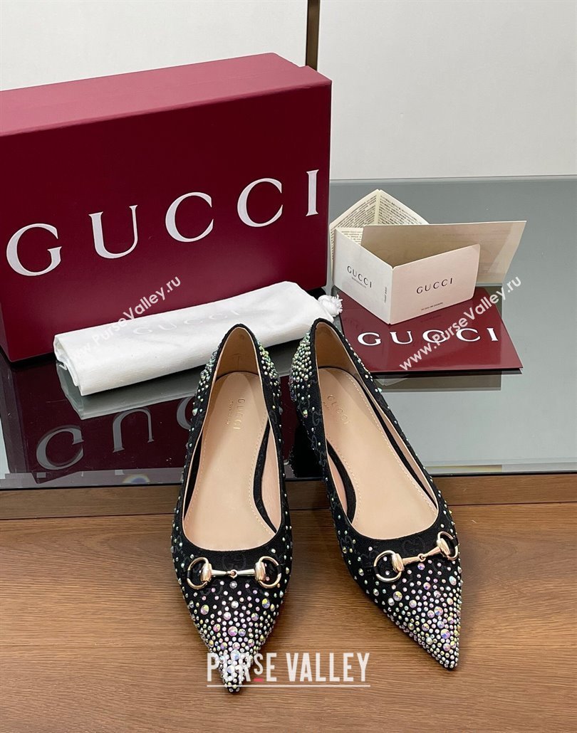 Gucci Horsebit Ballets Flats in GG Canvas with Strass Black 2025 812176 (MD-250228038)
