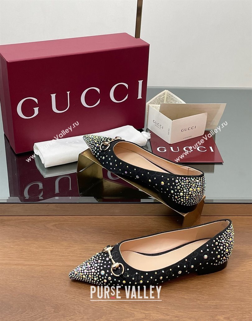 Gucci Horsebit Ballets Flats in GG Canvas with Strass Black 2025 812176 (MD-250228038)