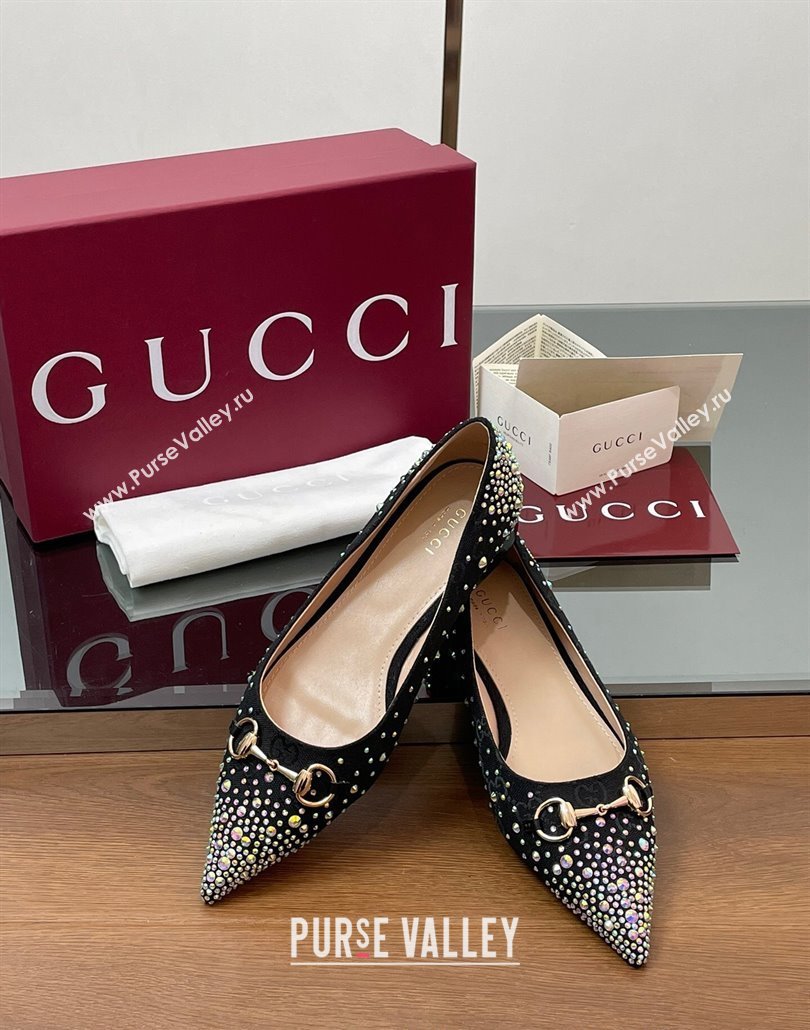 Gucci Horsebit Ballets Flats in GG Canvas with Strass Black 2025 812176 (MD-250228038)