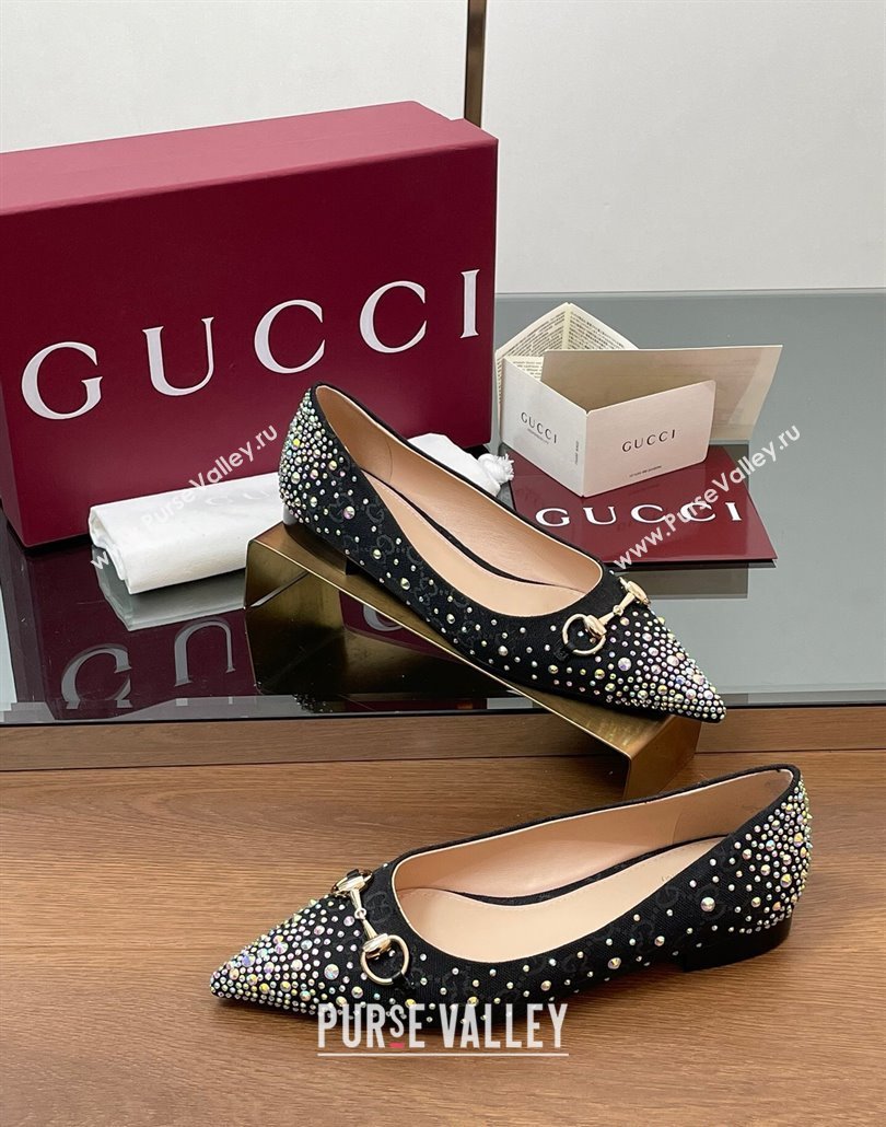 Gucci Horsebit Ballets Flats in GG Canvas with Strass Black 2025 812176 (MD-250228038)