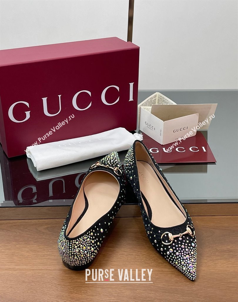 Gucci Horsebit Ballets Flats in GG Canvas with Strass Black 2025 812176 (MD-250228038)