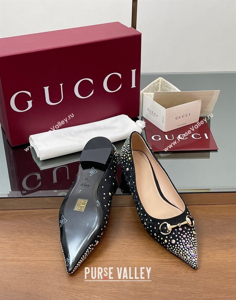 Gucci Horsebit Ballets Flats in GG Canvas with Strass Black 2025 812176 (MD-250228038)