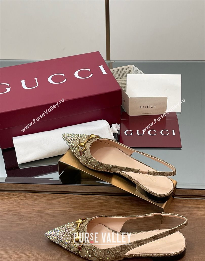 Gucci Horsebit Slingbacks Flats in GG Canvas with Strass Beige/Brown 2025 812176 (MD-250228031)