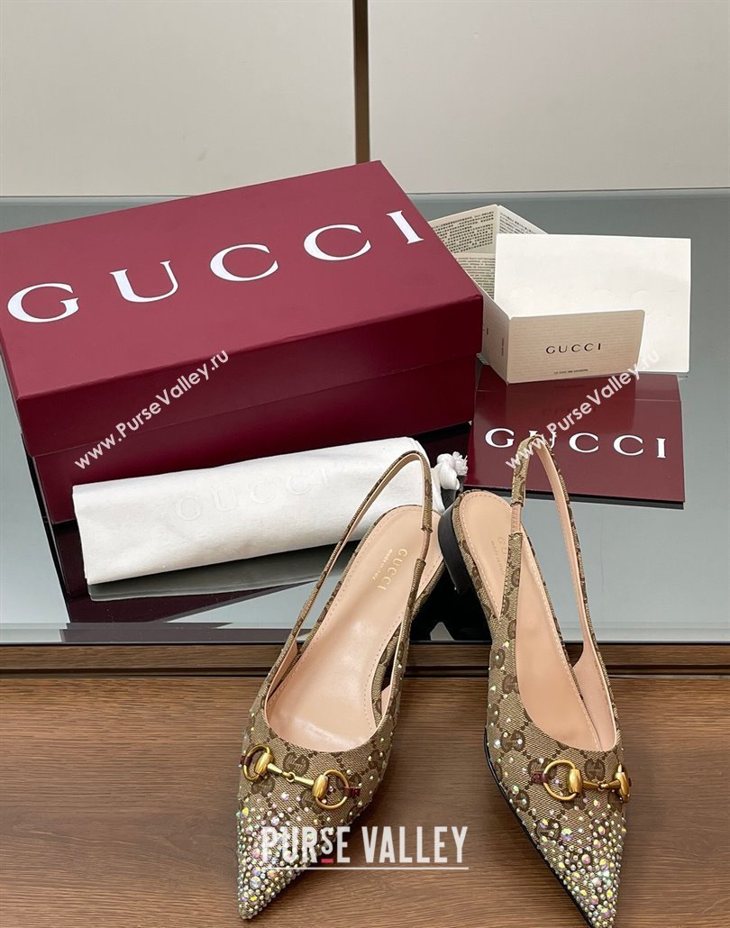 Gucci Horsebit Slingbacks Flats in GG Canvas with Strass Beige/Brown 2025 812176 (MD-250228031)