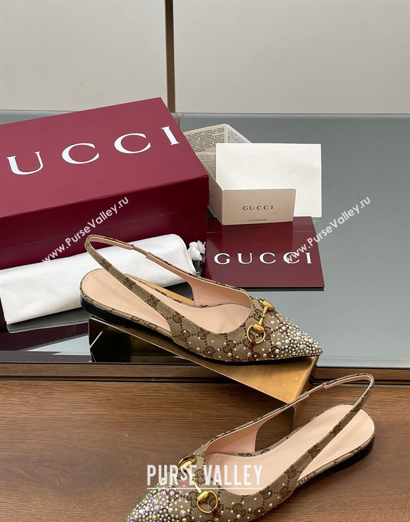 Gucci Horsebit Slingbacks Flats in GG Canvas with Strass Beige/Brown 2025 812176 (MD-250228031)