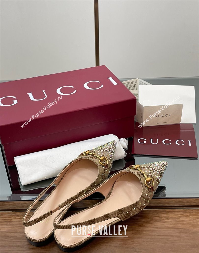 Gucci Horsebit Slingbacks Flats in GG Canvas with Strass Beige/Brown 2025 812176 (MD-250228031)