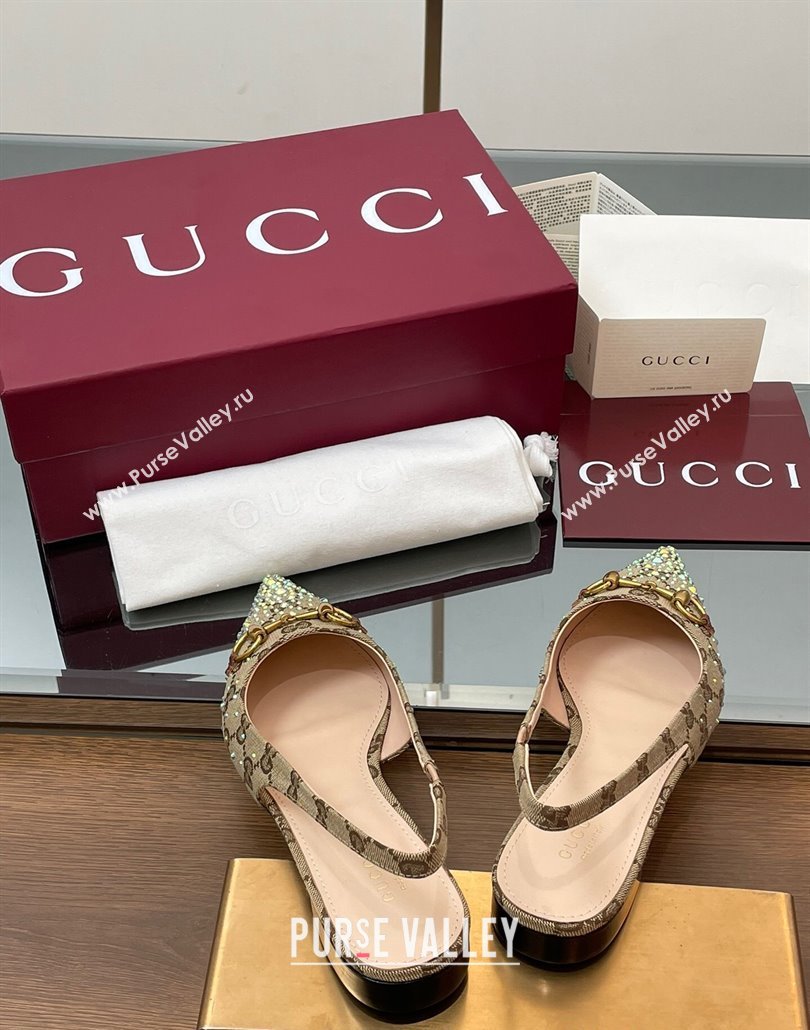 Gucci Horsebit Slingbacks Flats in GG Canvas with Strass Beige/Brown 2025 812176 (MD-250228031)