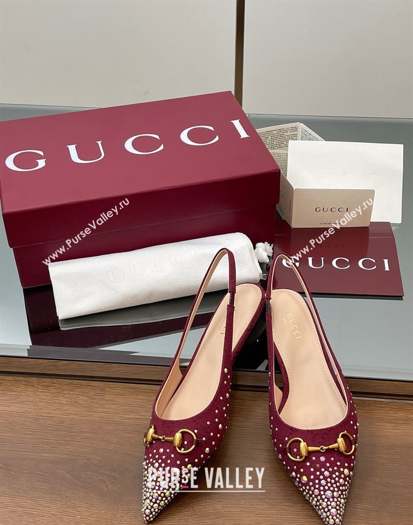 Gucci Horsebit Slingbacks Flats in GG Canvas with Strass Red 2025 812176 (MD-250228032)