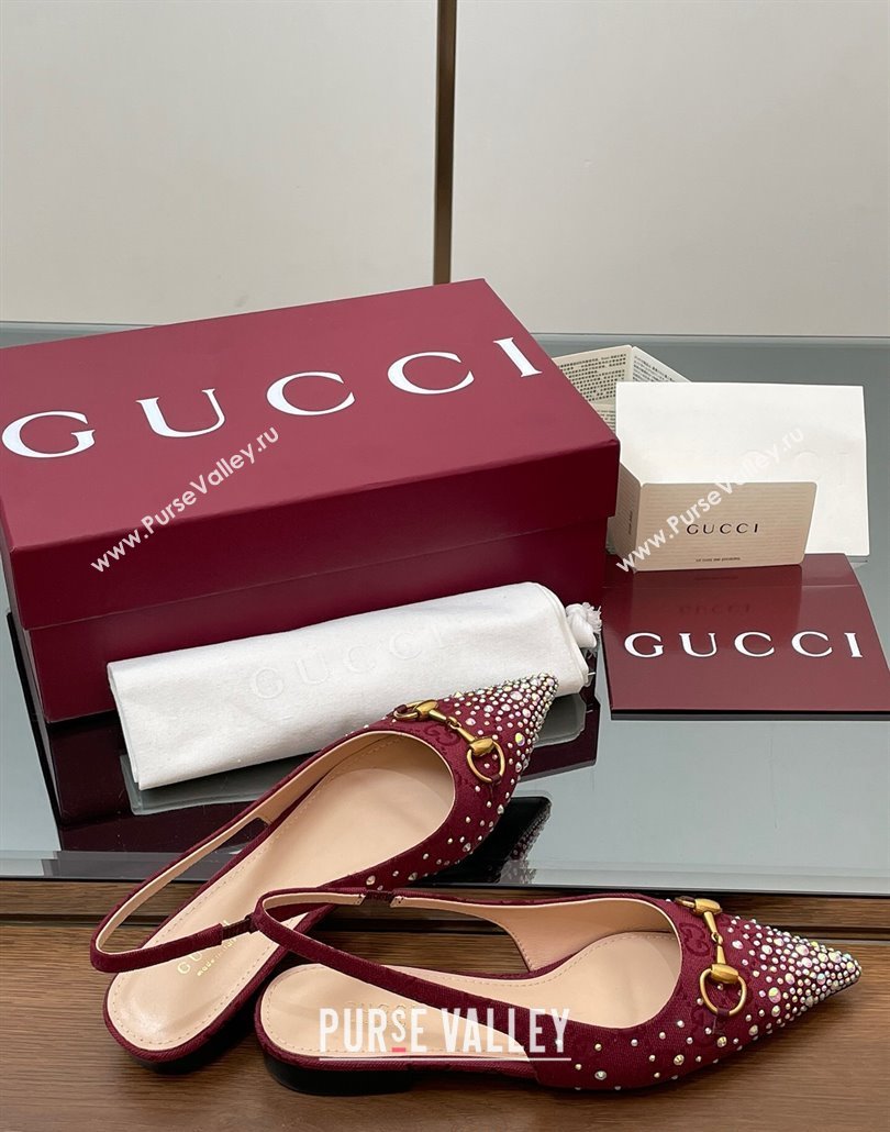 Gucci Horsebit Slingbacks Flats in GG Canvas with Strass Red 2025 812176 (MD-250228032)