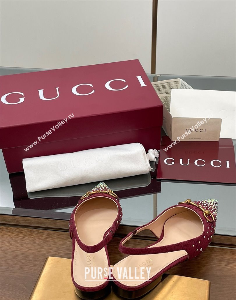 Gucci Horsebit Slingbacks Flats in GG Canvas with Strass Red 2025 812176 (MD-250228032)