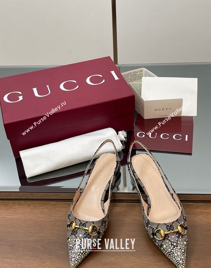 Gucci Horsebit Slingbacks Flats in GG Canvas with Strass Beige/Blue 2025 812176 (MD-250228033)