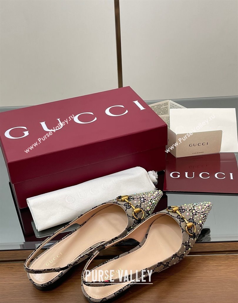 Gucci Horsebit Slingbacks Flats in GG Canvas with Strass Beige/Blue 2025 812176 (MD-250228033)