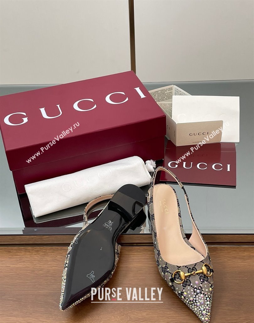 Gucci Horsebit Slingbacks Flats in GG Canvas with Strass Beige/Blue 2025 812176 (MD-250228033)