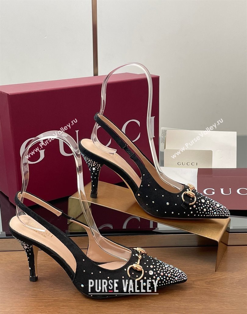 Gucci Horsebit Slingback Pumps 10.5cm in GG Canvas with Strass Black 2025 812176 (MD-250228024)