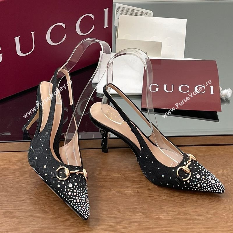 Gucci Horsebit Slingback Pumps 10.5cm in GG Canvas with Strass Black 2025 812176 (MD-250228024)